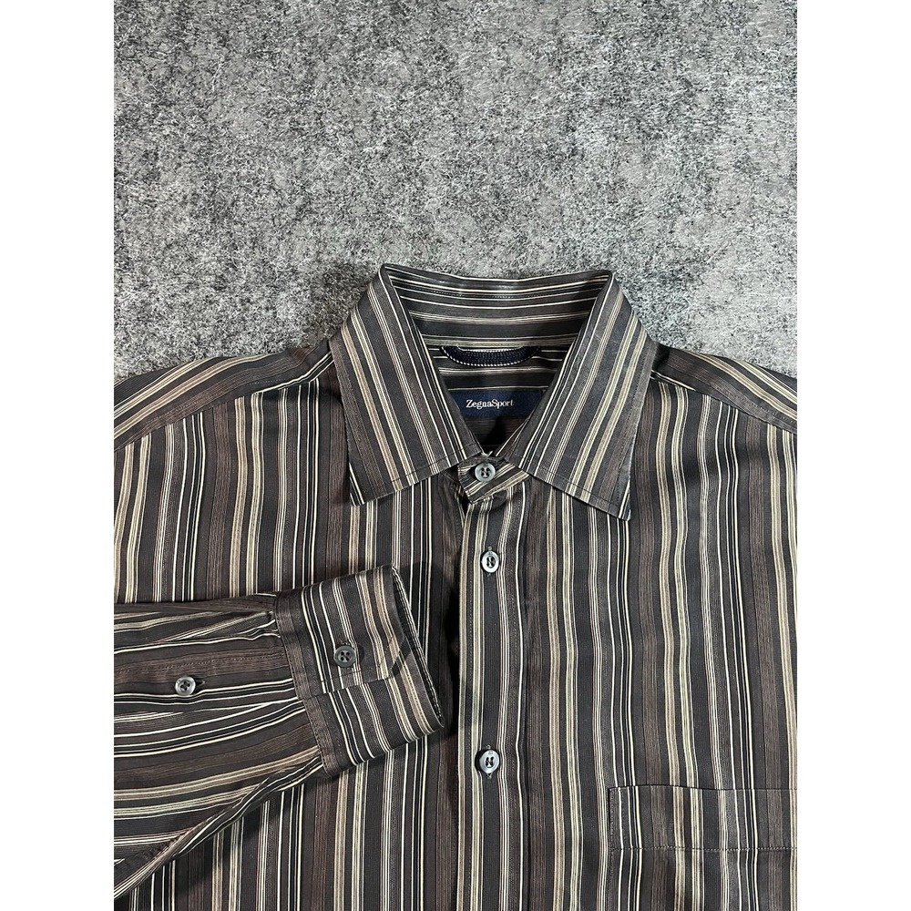 Ermenegildo Zegna Sport Button Down Dress Shirt Mens Medium Brown Stripe EUC